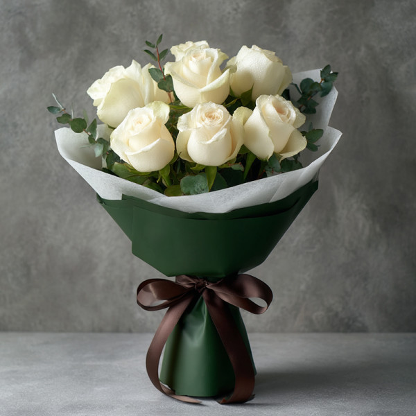 Whispers of Devotion – The White Rose Elegy Wrapped in Green and Velvet Brow